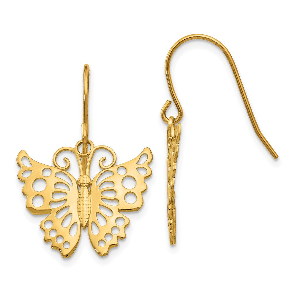 14k Dangle Butterfly Shepherd Hook Earrings