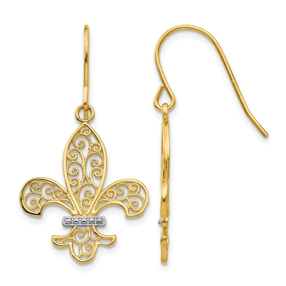 14k and White Rhodium Filigree Fleur de lis Dangle French Hook Earrings