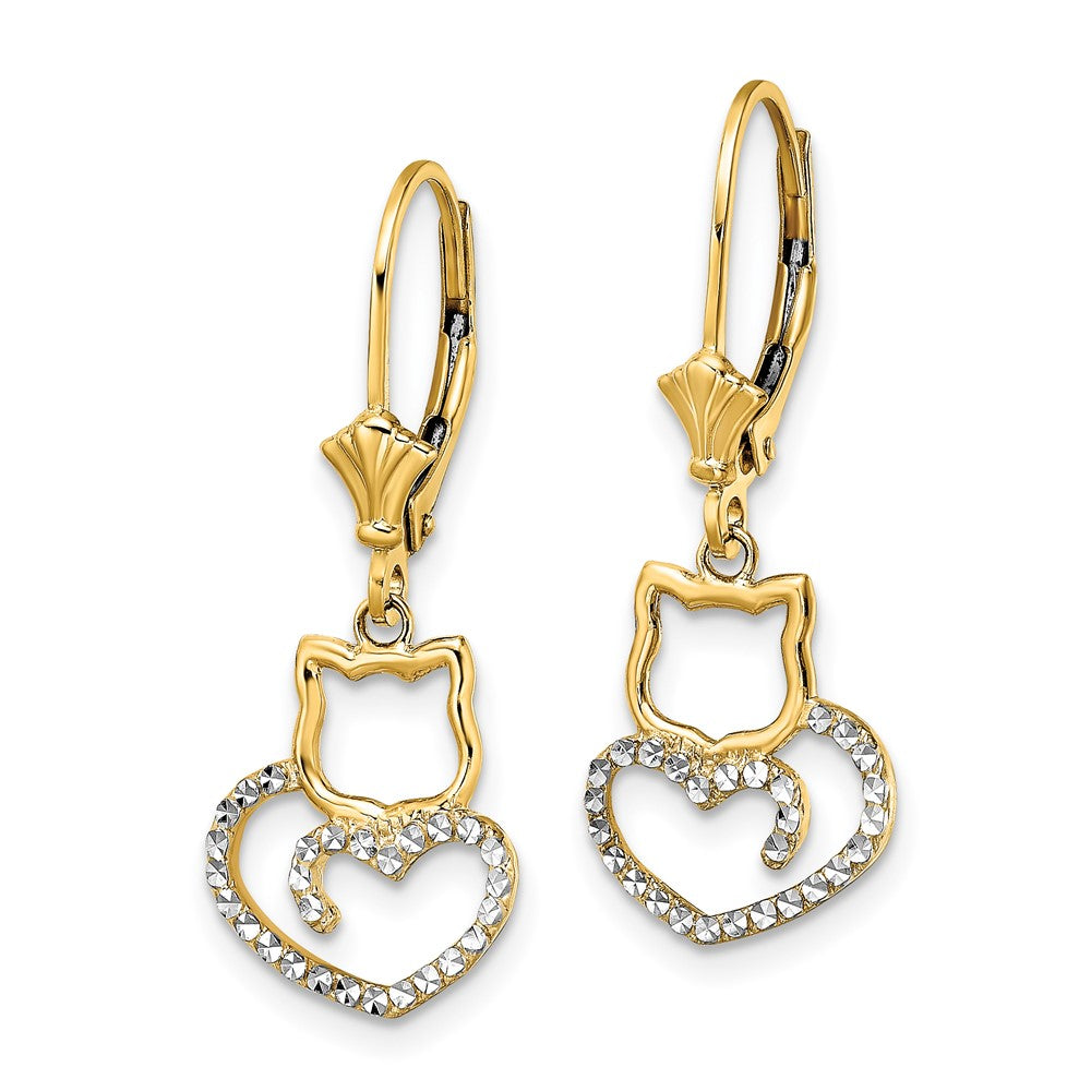 14k & White Rhodium D/C Cat Heart Leverback Earrings