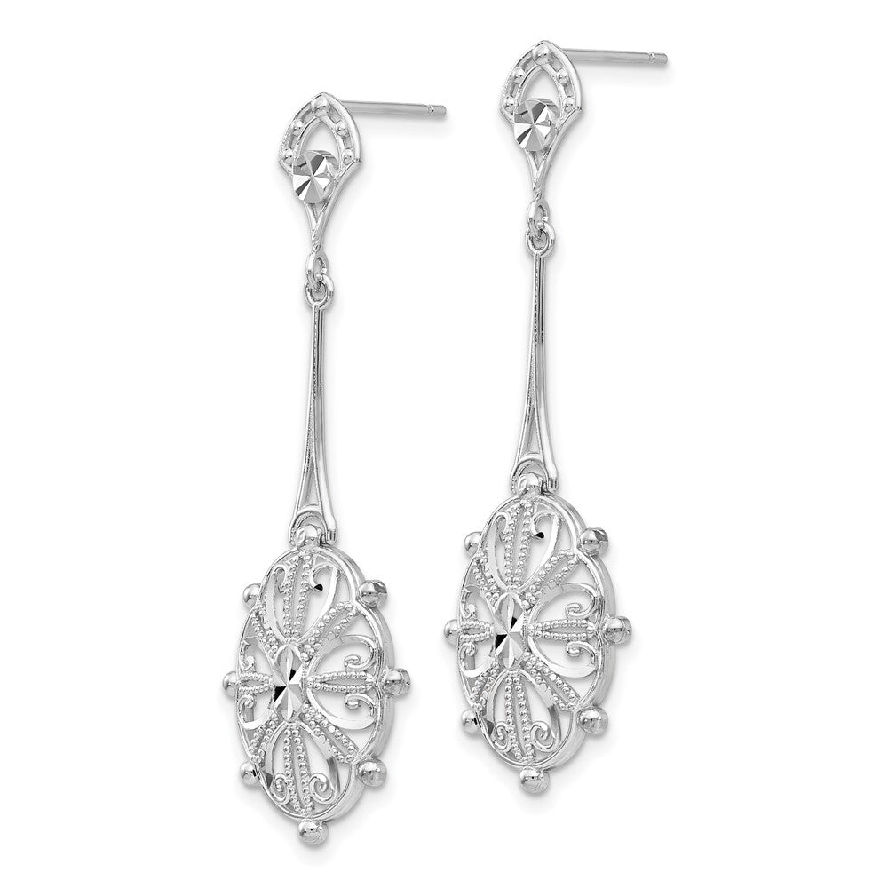 14k White Gold Diamond-cut Filigree Medallion Dangle Post Earrings