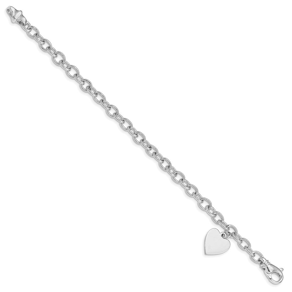 14k White Gold Polished Engravable Link with Heart Charm Bracelet