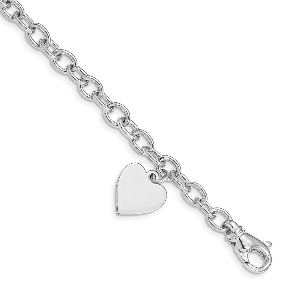 14k White Gold Engravable 19x Solid Dangle Heart Charm and Solid Polished Link Bracelet