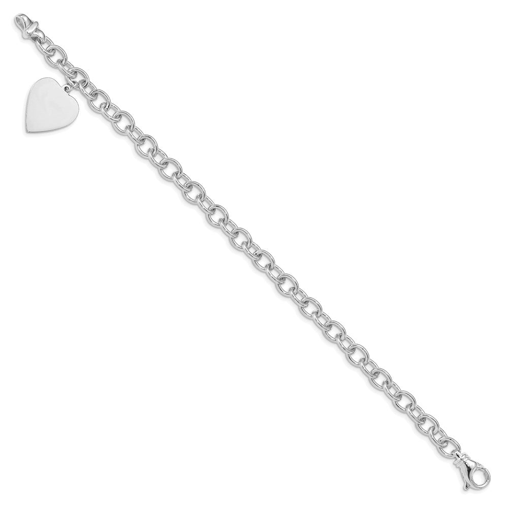14k White Gold Engravable 23x Solid Dangle Heart Charm and Solid Polished Link Bracelet