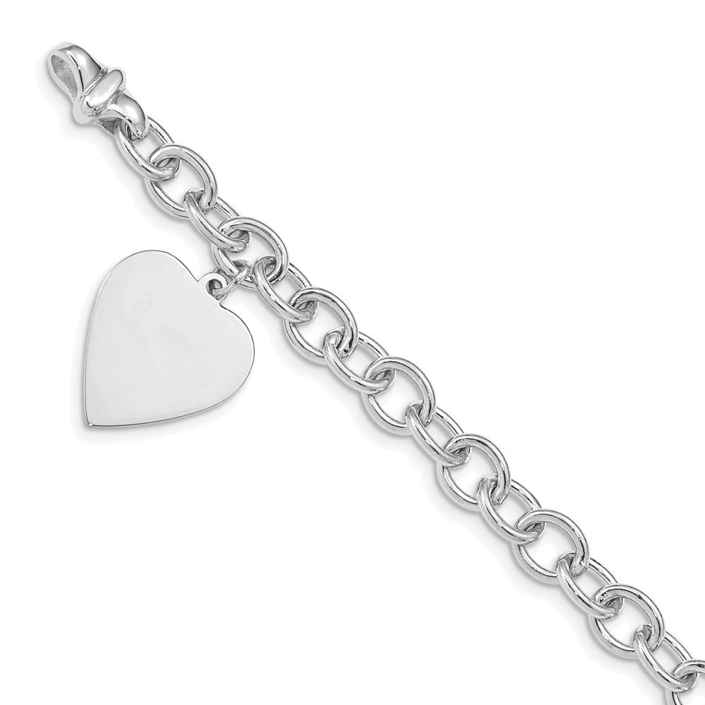 14k White Gold Polished Engravable Link with Heart Charm Bracelet