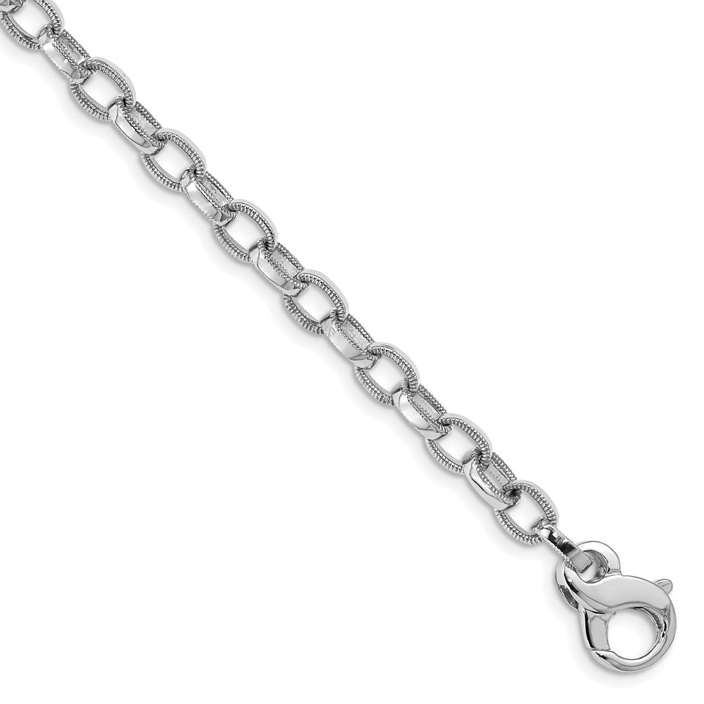 14K White Gold Hand Polished with Ridged Edge Fancy Link Fancy Lobster Clasp Bracelet