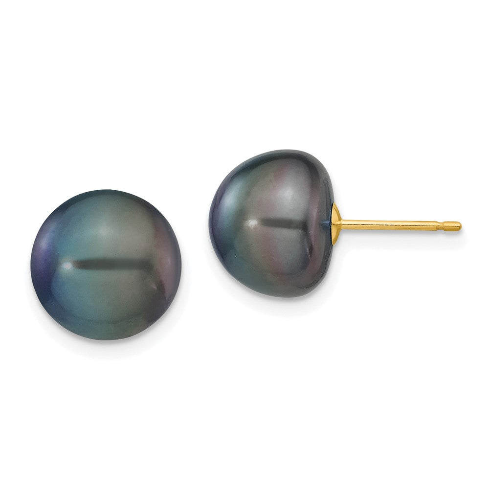 14k 10- Black Button Freshwater Cultured Pearl Stud Post Earrings
