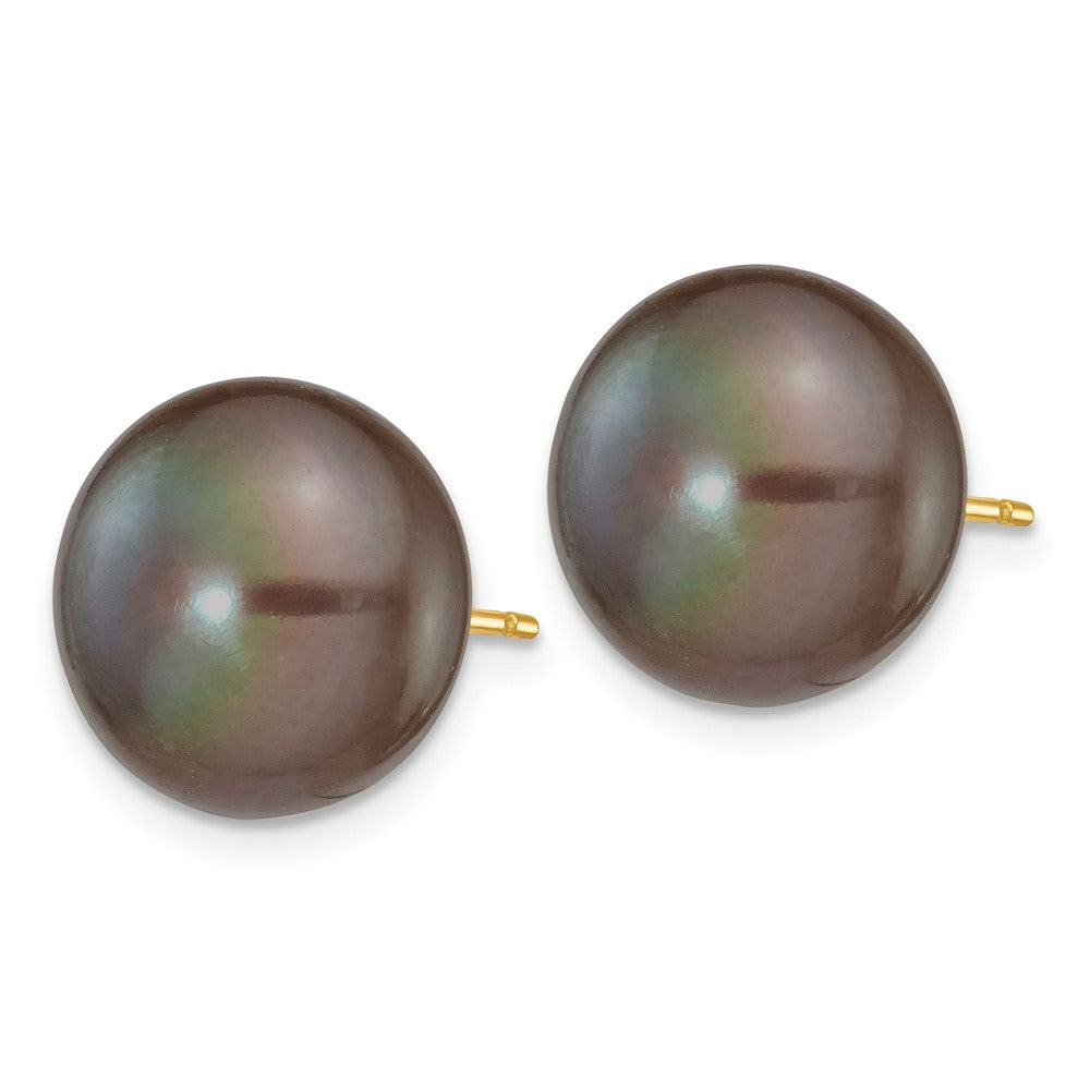 14k 11- Black Button Freshwater Cultured Pearl Stud Post Earrings