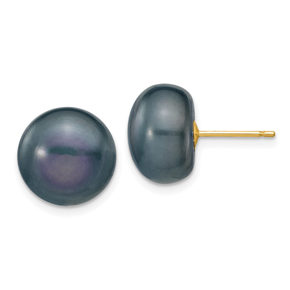 14k 11- Black Button Freshwater Cultured Pearl Stud Post Earrings