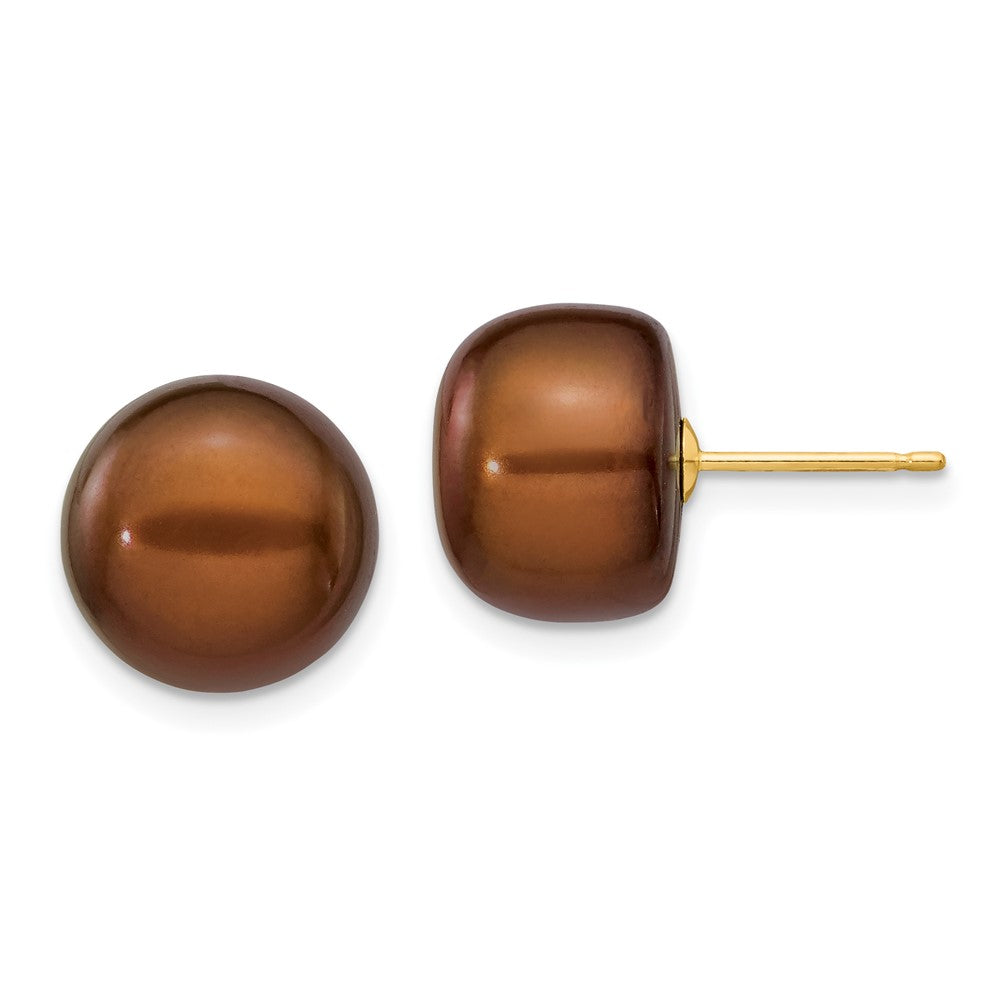 14k 11- Brown Button Freshwater Cultured Pearl Stud Post Earrings
