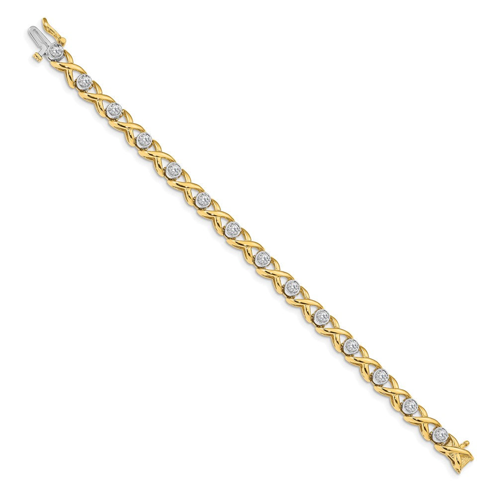 14k Two-tone Complete 1 carat Round AAA Diamond 4-prong X-design Tennis Bracelet