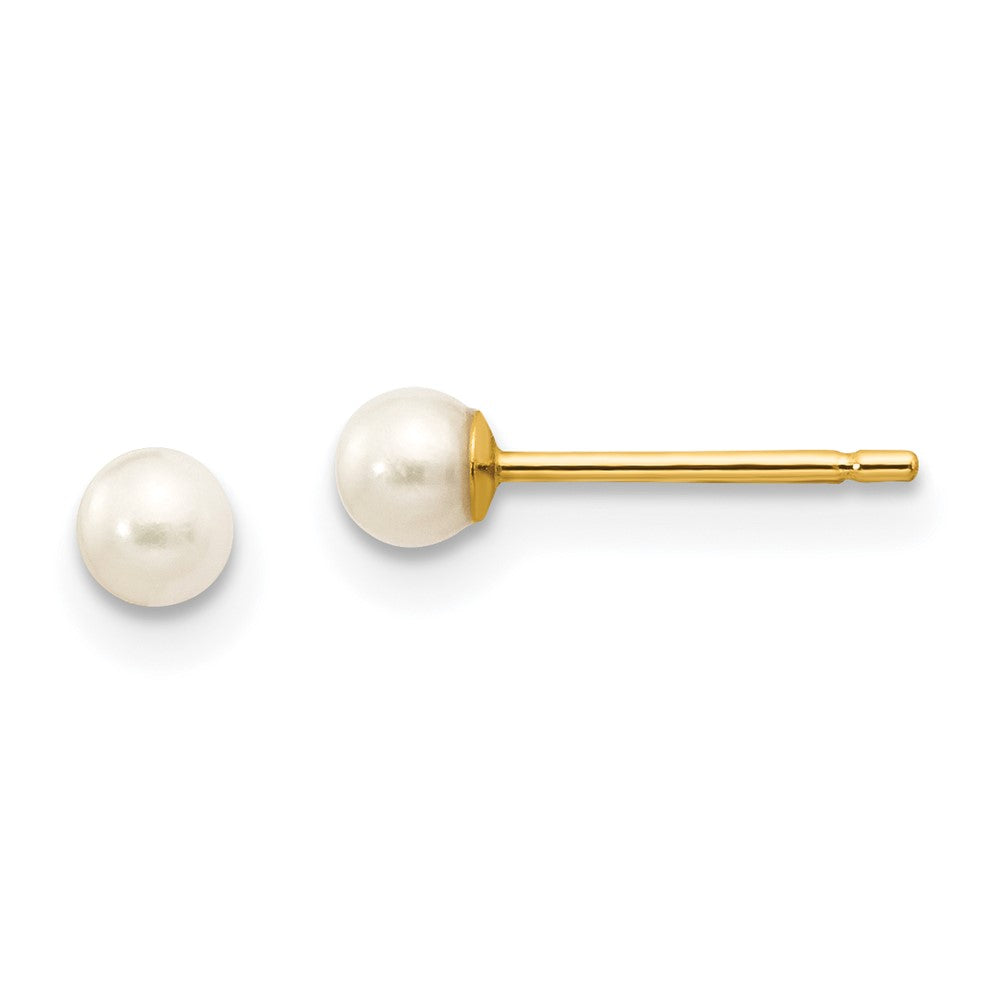 14k 3- White Round Freshwater Cultured Pearl Stud Post Earrings