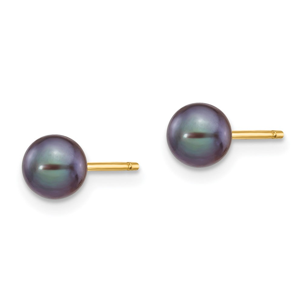 14k 5- Black Round Freshwater Cultured Pearl Stud Post Earrings