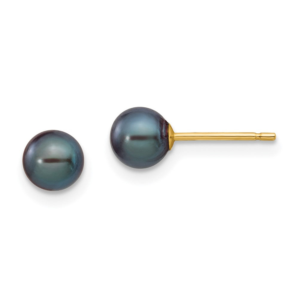 14k 5- Black Round Freshwater Cultured Pearl Stud Post Earrings