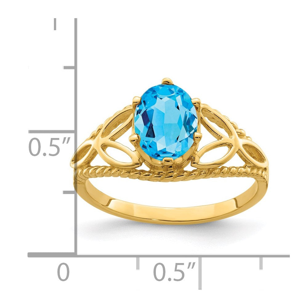14k 8x Oval Blue Topaz Checker-cut Filigree Ring
