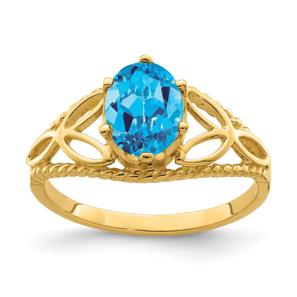 14k 8x Oval Blue Topaz Checker-cut Filigree Ring