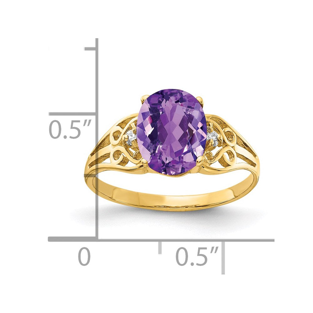 14k 9x Oval Amethyst and 1/20 carat A Diamond Filigree Ring