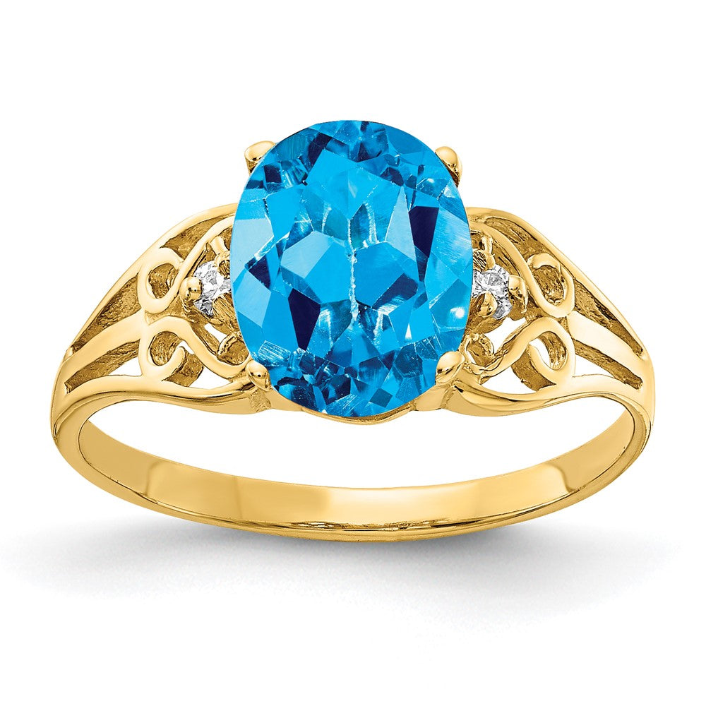 14k 9x Oval Blue Topaz and AAA Diamond Filigree Ring