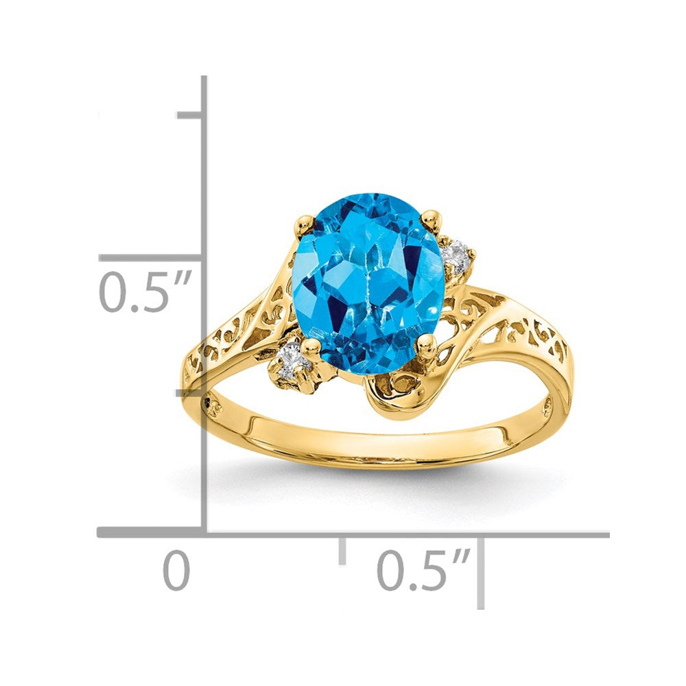 14k 9x Oval Blue Topaz and VS Diamond Ring