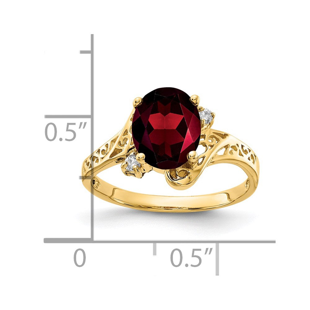 14k 9x Oval Garnet and 1/20 carat VS Diamond Ring