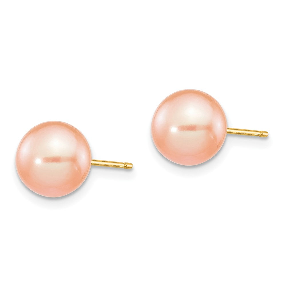 14k 8- Pink Round Freshwater Cultured Pearl Stud Post Earrings