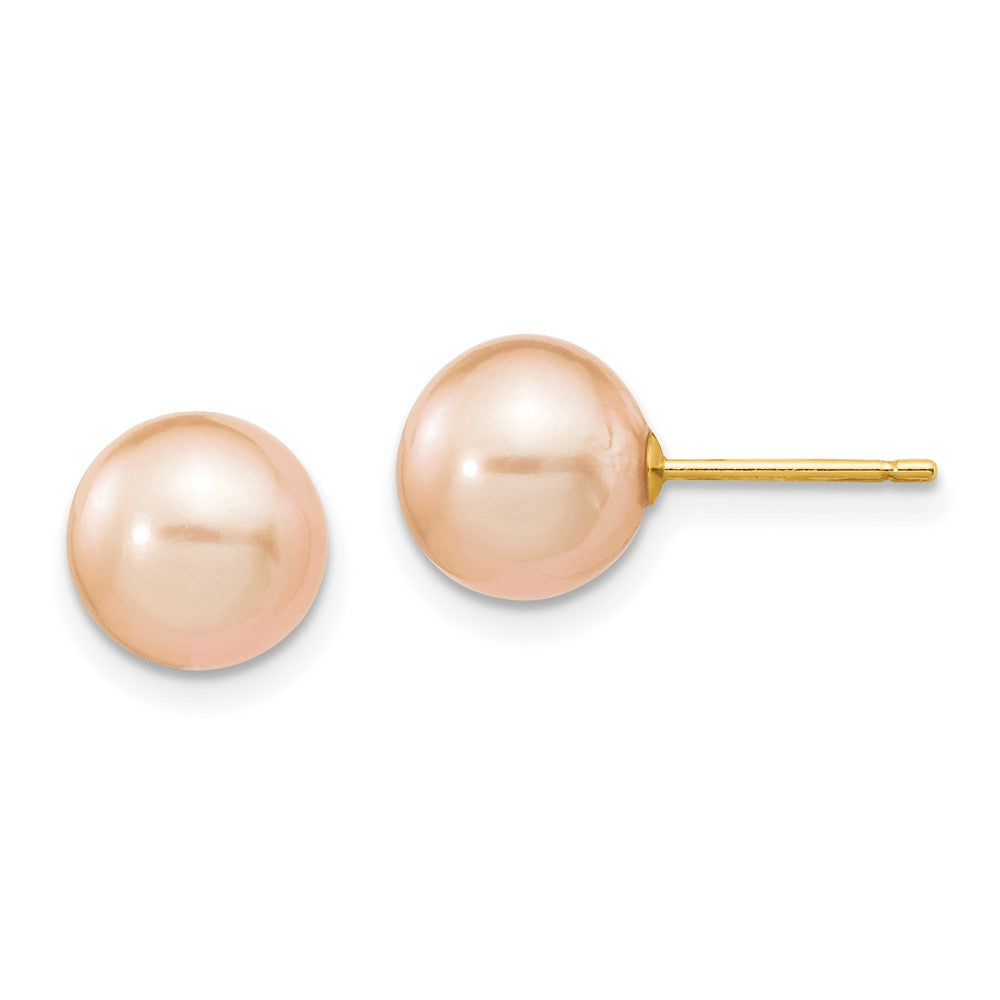 14k 8- Pink Round Freshwater Cultured Pearl Stud Post Earrings