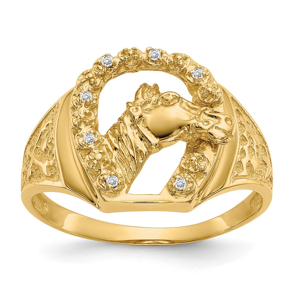 IB Goodman 14k AAA Diamond Horseshoe with Horse in Center Mens Ring