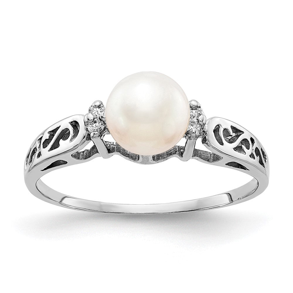 14k White Gold FW Cultured Pearl/AA Diamond Polished Ring