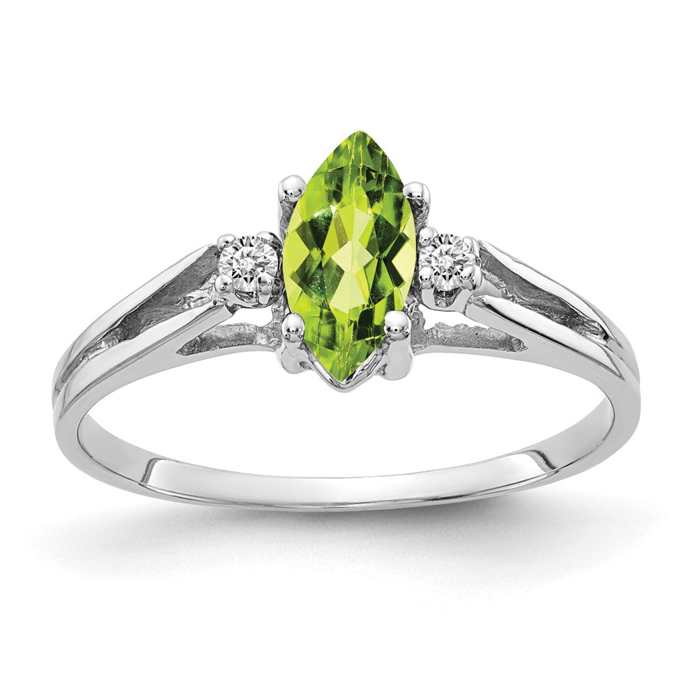 14k White Gold 8x Marquise Peridot and 1/20 carat AAA Diamond Ring