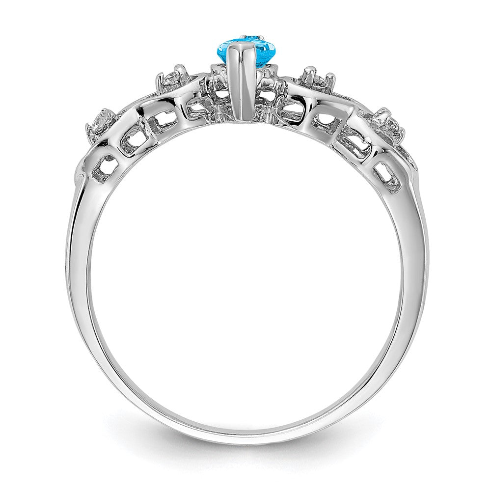14k White Gold 6x Marquise Blue Topaz and 1/20 carat VS Diamond Heart Shank Ring