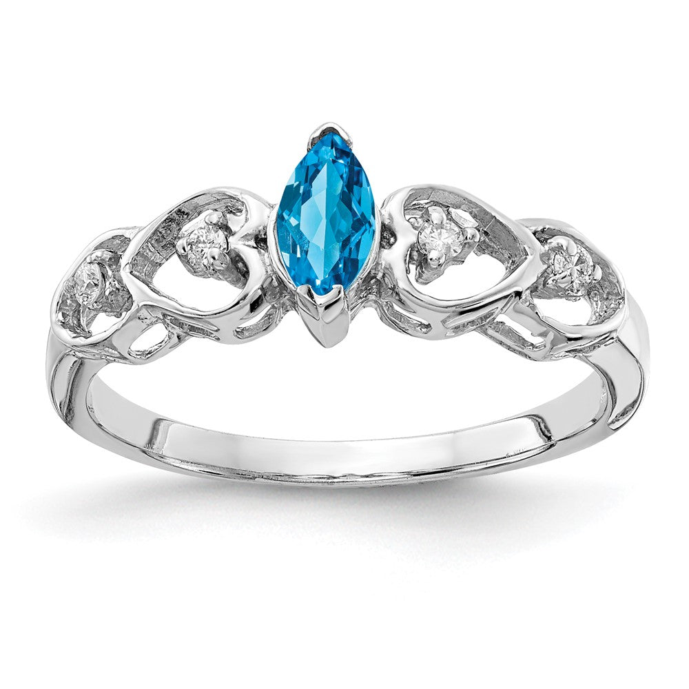 14k White Gold 6x Marquise Blue Topaz and 1/20 carat VS Diamond Heart Shank Ring
