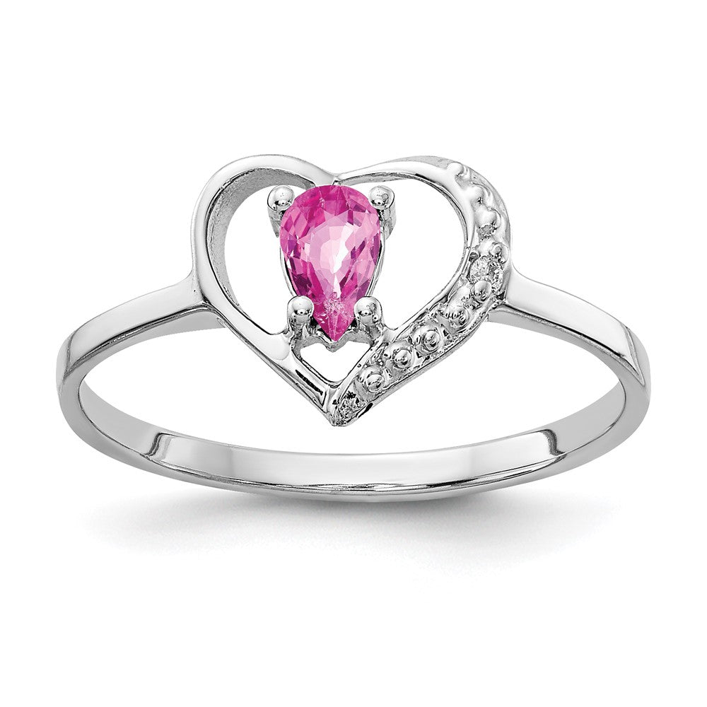 14k White Gold 5x Pear Pink Sapphire and AAA Diamond Heart Ring