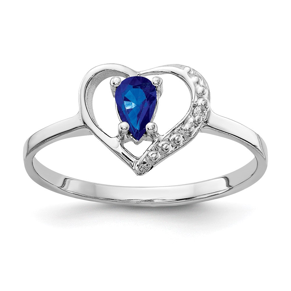 14k White Gold 5x Pear Blue Sapphire and AA Diamond Heart Ring