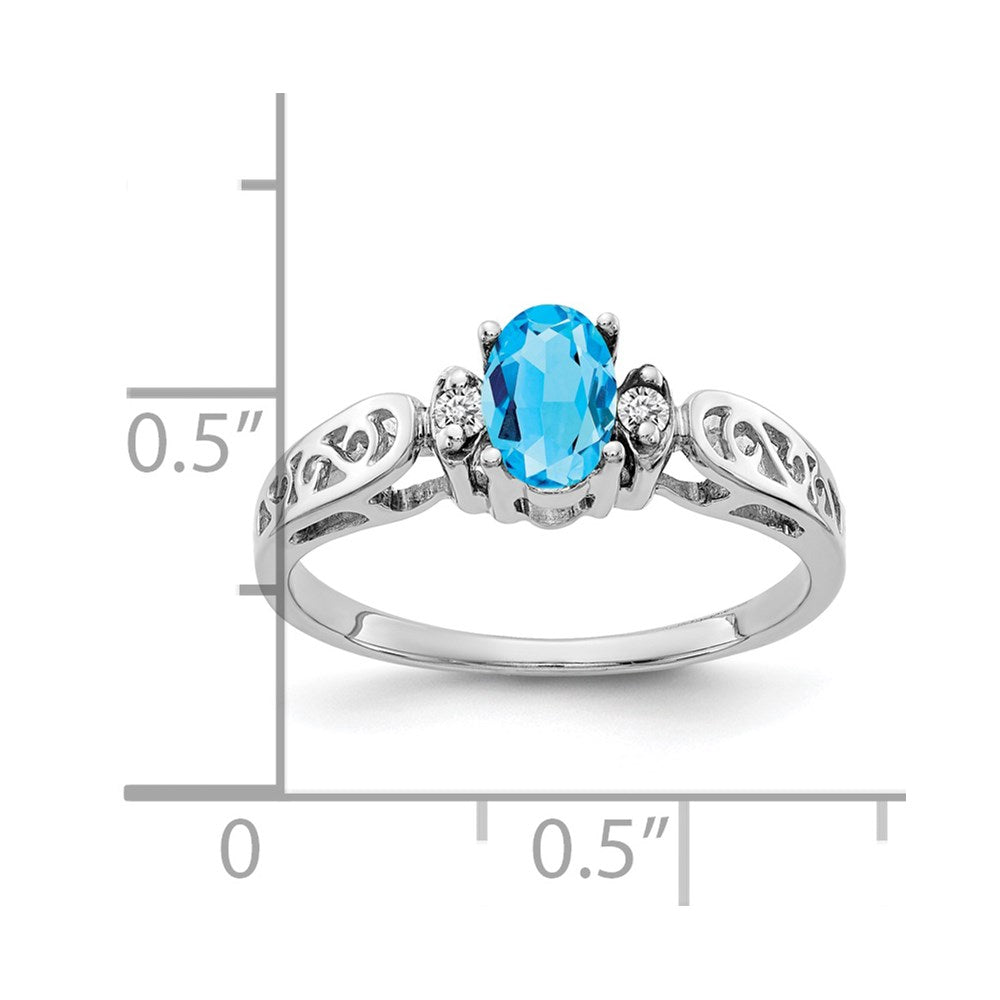 14k White Gold 6x Oval Blue Topaz and A Diamond Filigree Ring