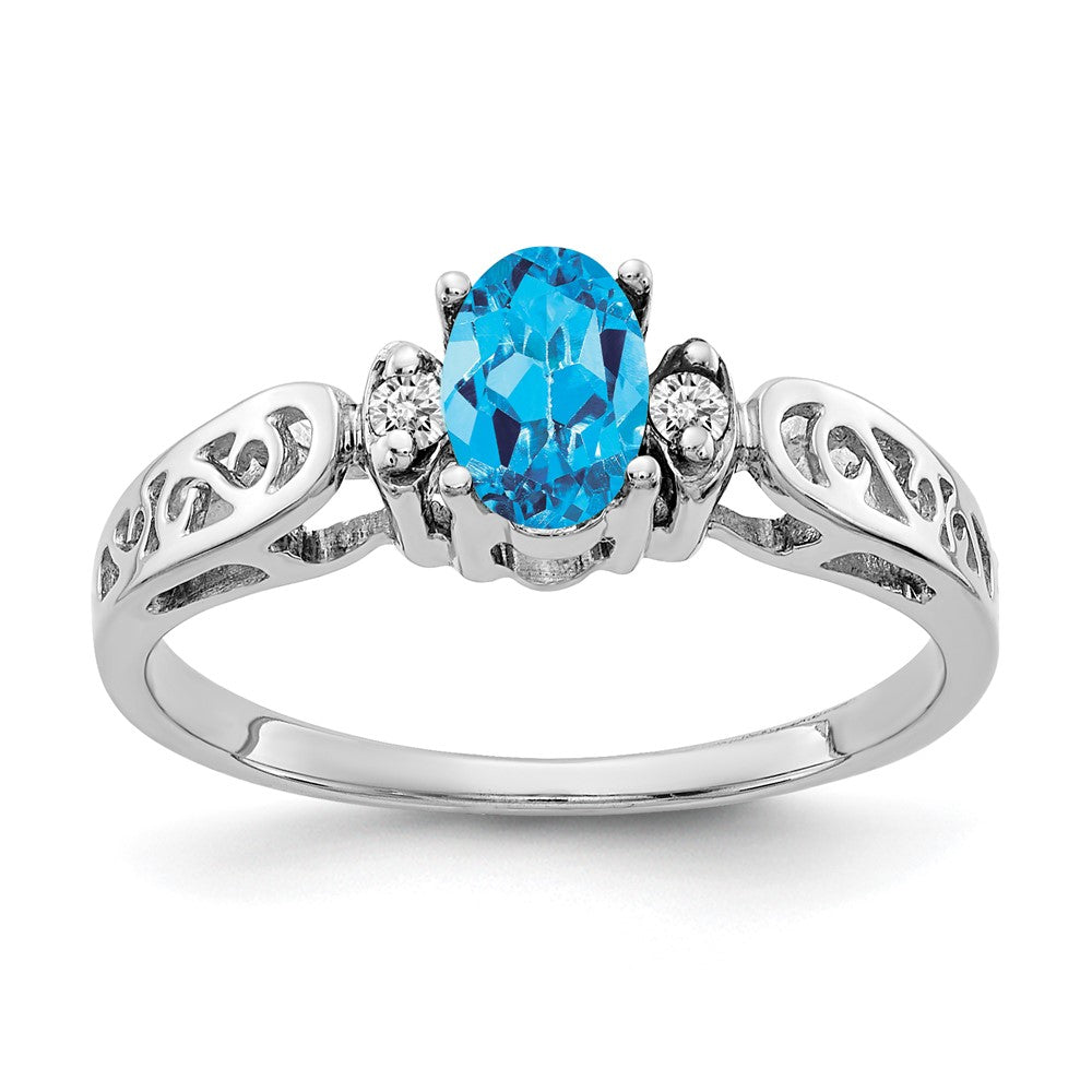 14k White Gold 6x Oval Blue Topaz and A Diamond Filigree Ring