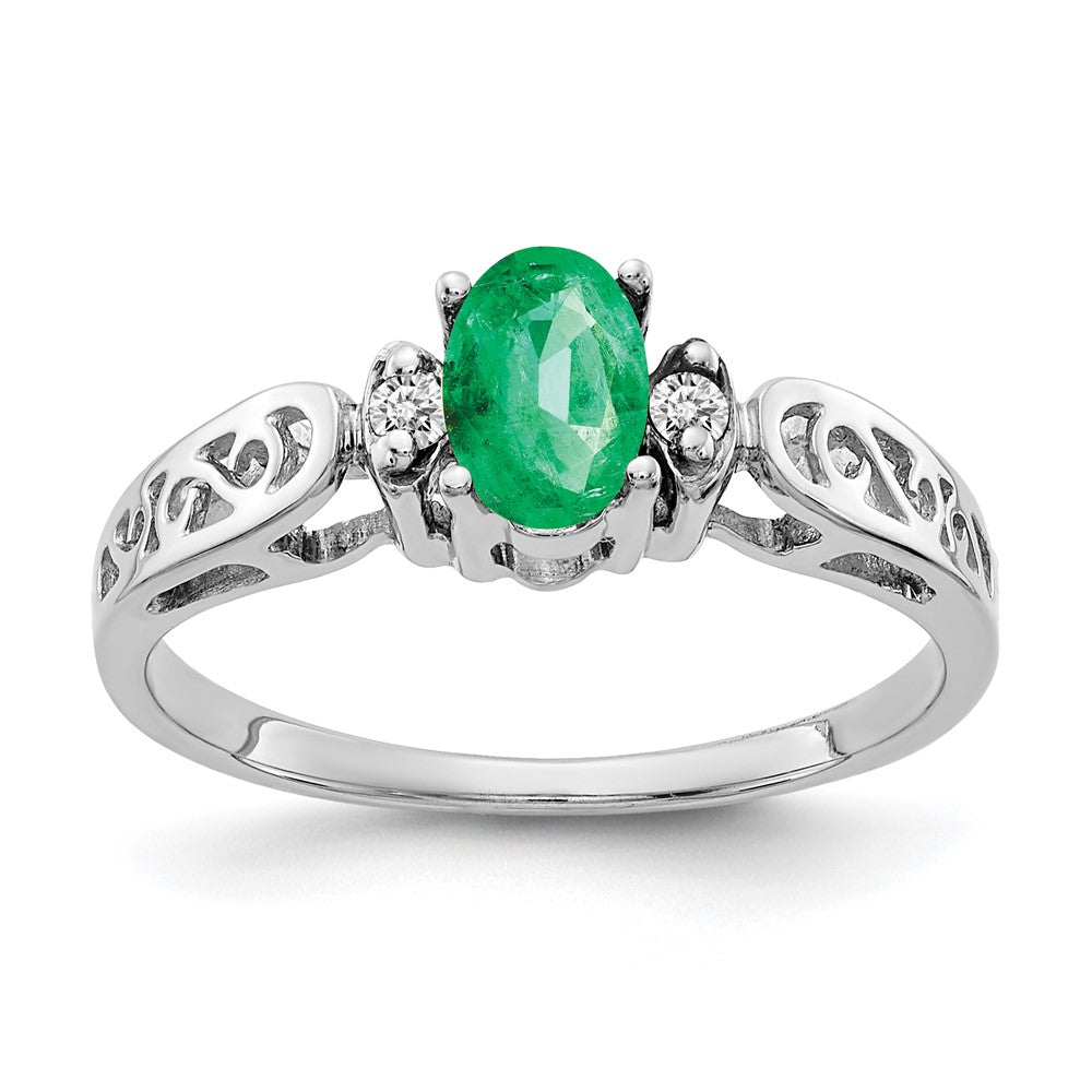 14k White Gold 6x Oval Emerald and AA Diamond Ring