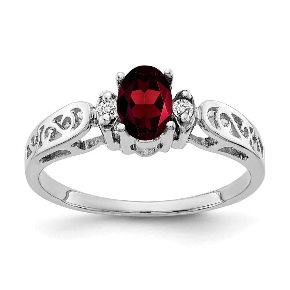 14k White Gold 6x Oval Garnet and AAA Diamond Filigree Ring