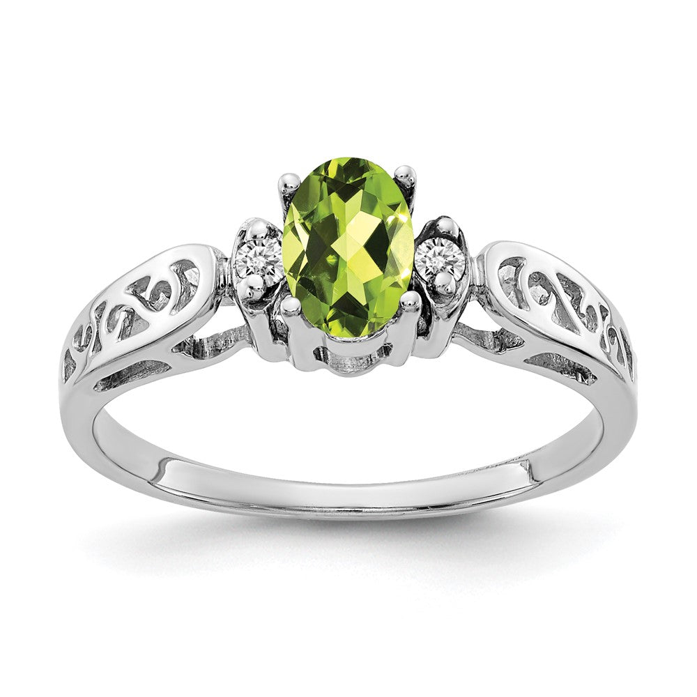 14k White Gold 6x Oval Peridot and AAA Diamond Filigree Ring