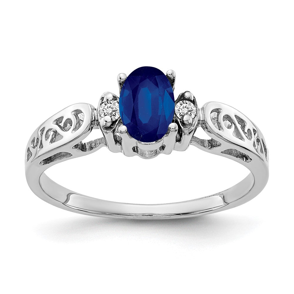14k White Gold 6x Oval Blue Sapphire and AA Diamond Ring