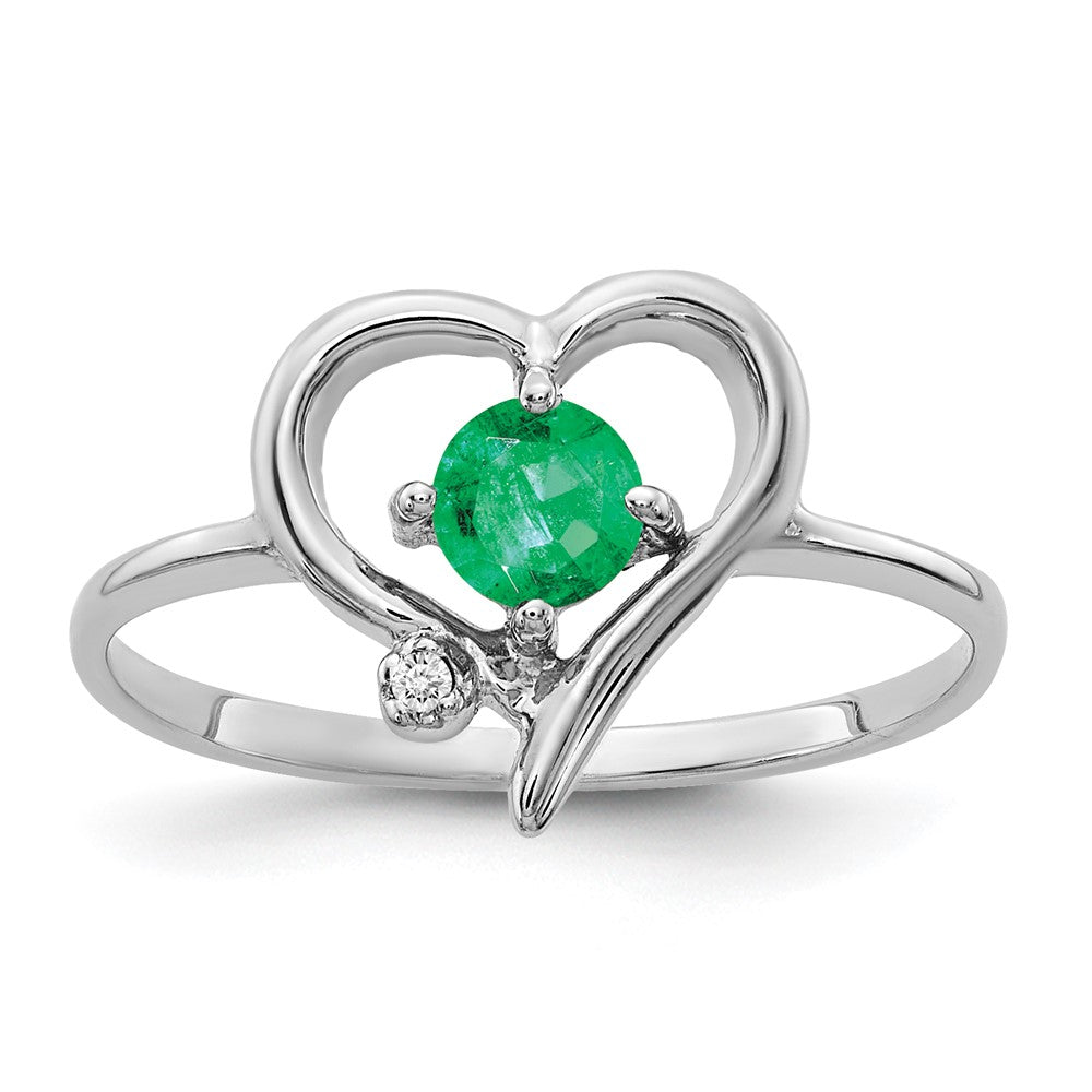 14k White Gold AAA Diamond and Round Emerald Heart Ring