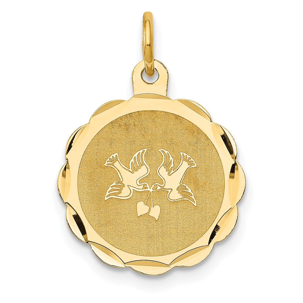 14k Love Birds Scalloped Border Engravable Disc Charm