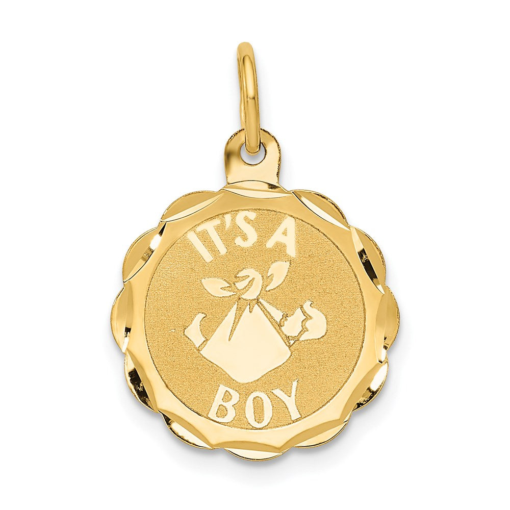 14k Polished IT'S A BOY Scalloped Engravable Disc Charm