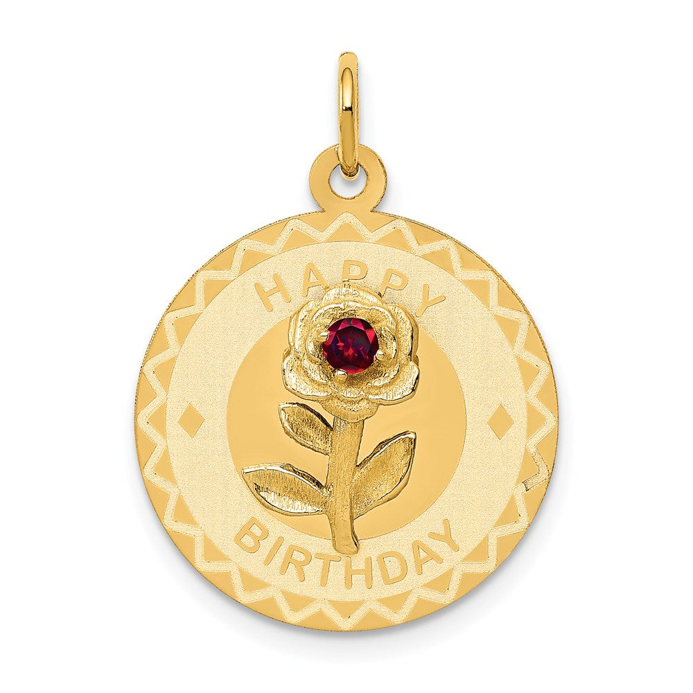 14k HAPPY BIRTHDAY with Red CZ Flower Engravable Disc Charm