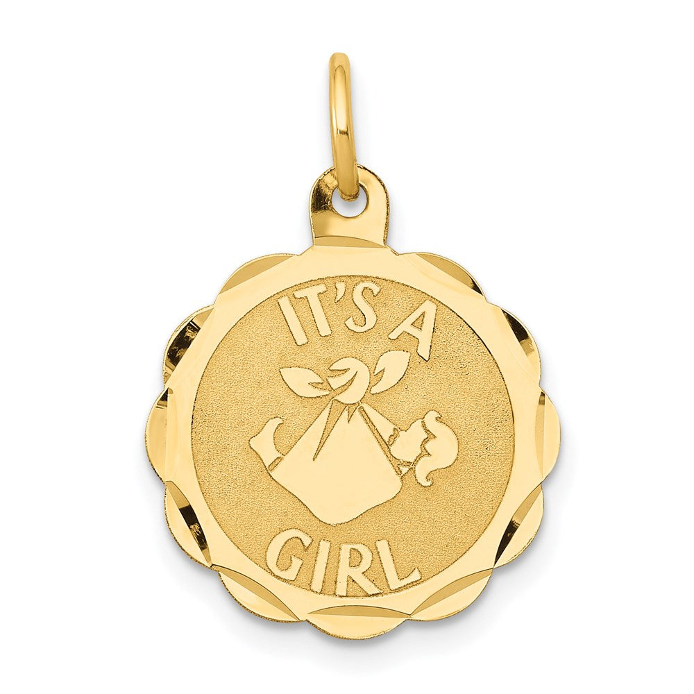 14k Polished IT'S A GIRL Scalloped Engravable Disc Charm