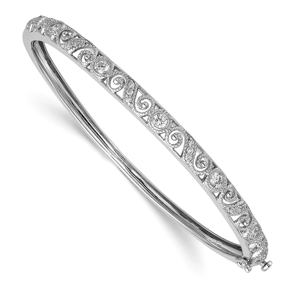 14k White Gold Swirl Design Complete 3/4 carat VS Diamond Hinged Oval Bangle Bracelet