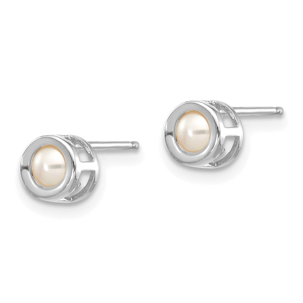 14k White Gold Round Bezel June/Freshwater Cultured Pearl Post Earrings