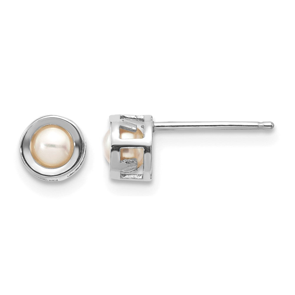 14k White Gold Round Bezel June/Freshwater Cultured Pearl Post Earrings
