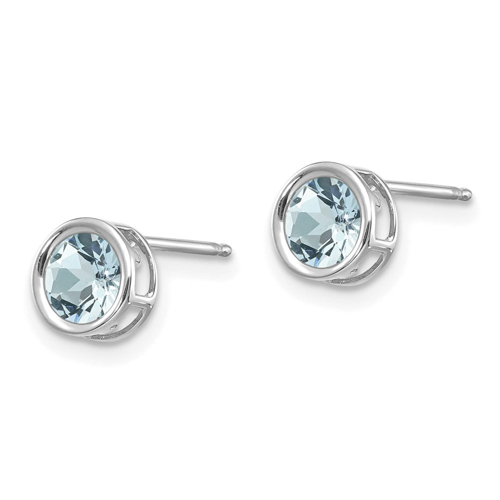 14k White Gold Round Bezel March/Aquamarine Post Earrings