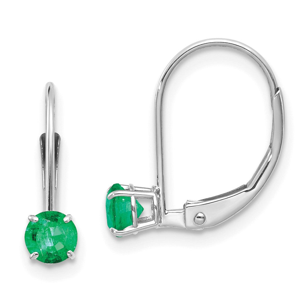 14k White Gold Round May/Emerald Leverback Earrings