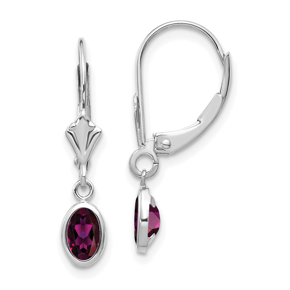 14k White Gold 6x4 Oval Bezel June/Rhodolite Leverback Earrings