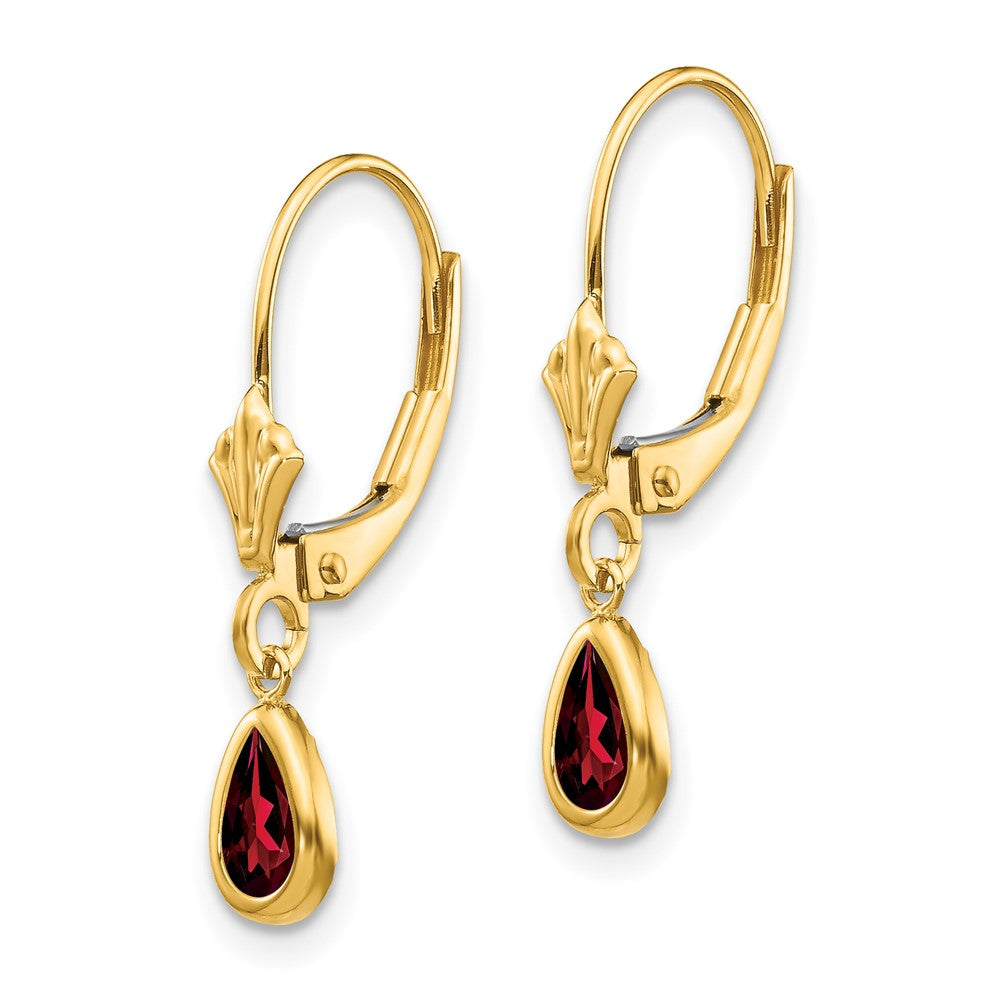 14k 6x Pear Bezel January/Garnet Leverback Earrings
